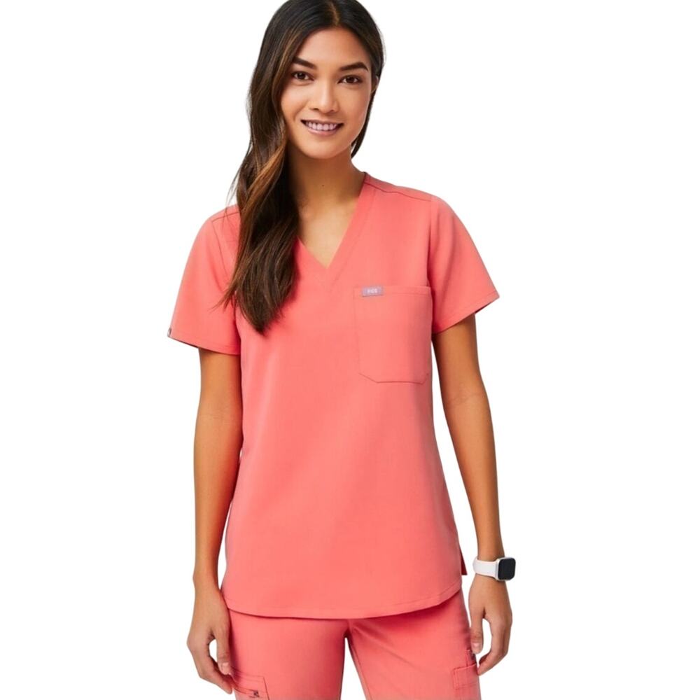 Figs Women's Scrub Top Catarina Chest Pocket Limited Ed Plus sz XXL Hot Coral